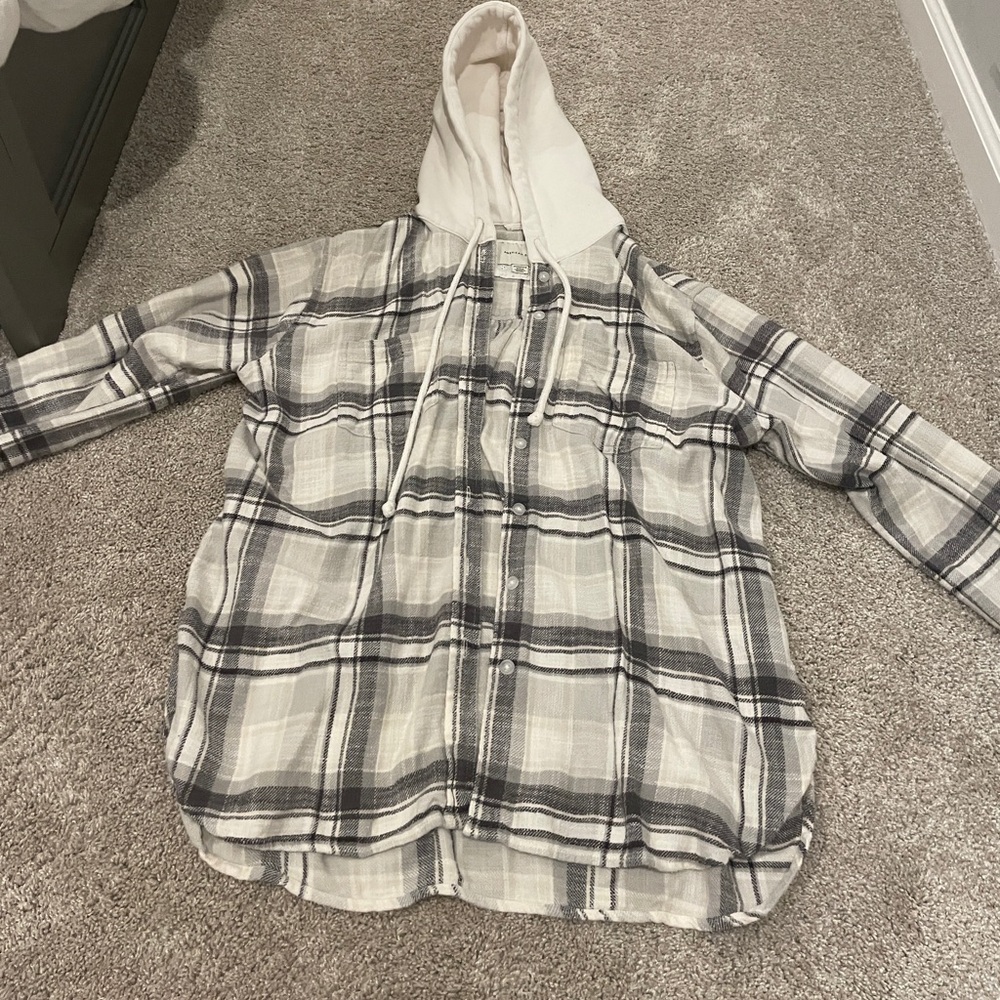 American Eagle Outfitters Plaid Hoodie Sweater - Gray and Cream